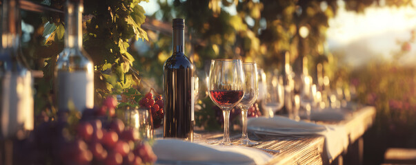 Naklejka premium Wine bottle and glasses on rustic wooden table with grapes and plates in vineyard at sunset, creating warm atmosphere