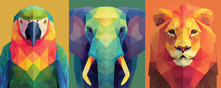 Colorful parrot, elephant, and lion portraits in geometric polygon style with vibrant shapes and bright animal faces