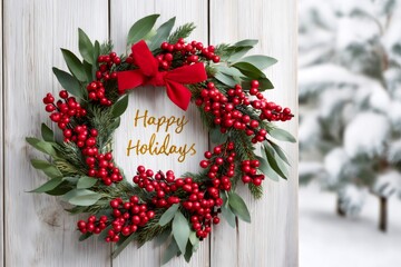 Christmas wreath with happy holidays text on rustic wood