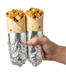 PNG. hand holding a wrap sandwich. hand holding burritos isolated on transparent background.