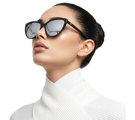 PNG. young woman model with sunglasses. close up of fashion model posing in sunglasses on transparent background.