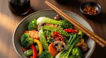 Close up shot of a bowl of stir fried vegetables with chopsticks on top
