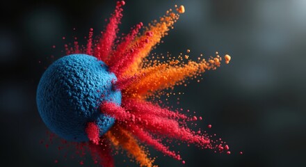 Explosion of vibrant red and orange powder particles erupting from a textured blue sphere against a dark, blurred background, abstract concept