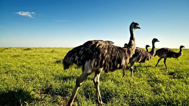 A group of emus walking across a sunny grassland landscape.
