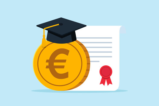 Flat illustration of gold euro coin with graduation cap beside diploma certificate symbolizing education investment and scholarship opportunity