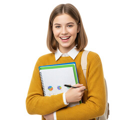 PNG. young student with books and pen. young student girl with books and pen on transparent background.