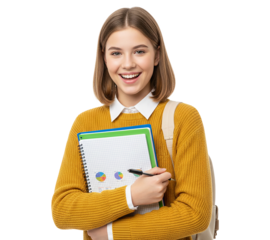 PNG. young student with books and pen. young student girl with books and pen on transparent background.