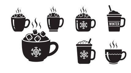 Collection of hot chocolate mugs with snowflakes and marshmallows on