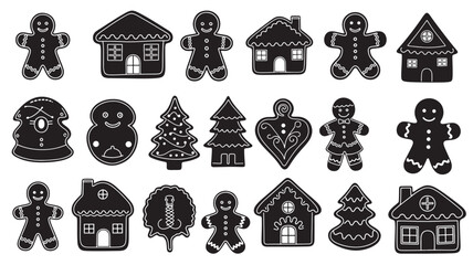 Black and white christmas icons including gingerbread men and houses