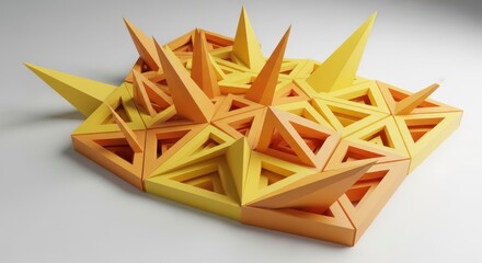 Geometric abstract sculpture with sharp spikes in yellow and orange gradient colors