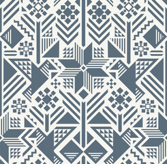 SEAMLESS WHITE VECTOR ABSTRACT GEOMETRIC BACKGROUND WITH LIGHT BLUE STYLIZED PATCHWORK BIRDS AND FLOWERS