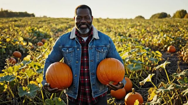 A smiling man holds pumpkins in a vibrant autumn field.