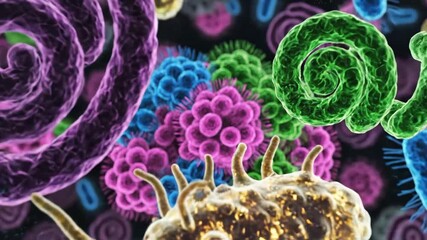 Microscopic Organisms Illustration - This is a vibrant, detailed microscopic view of various organisms like bacteria. - Powered by Adobe