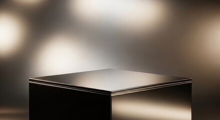 Metallic cube platform against blurred background with soft lighting