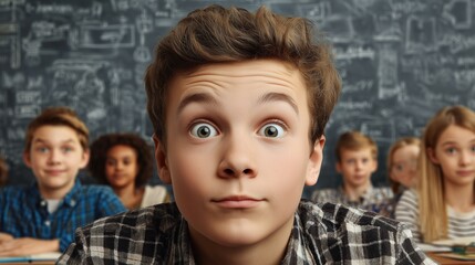 Boy student looking shocked with wide eyes in a classroom setting with blurred classmates