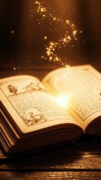 Magical book opens with glowing light. Sparkling energy emerges from pages in enchanting atmosphere. Vertical composition captures mystical reading experience. Creative storytelling unfolds.