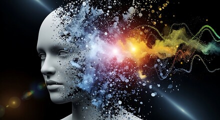 Abstract representation of artificial intelligence and consciousness exploding from a human head.