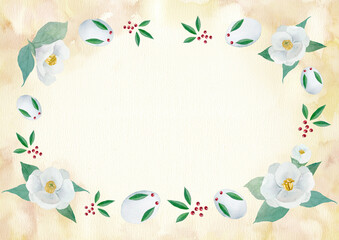 雪うさぎと椿の水彩フレーム