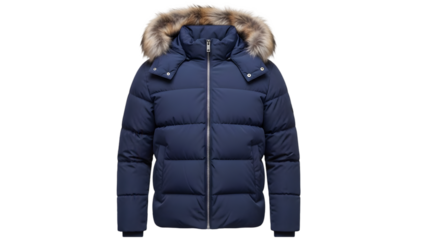 Navy blue puffer jacket with fur hood for men or women isolated on transparent background