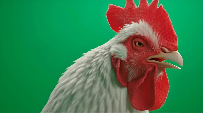 Close-up of a white rooster crowing and looking around on a green screen background.