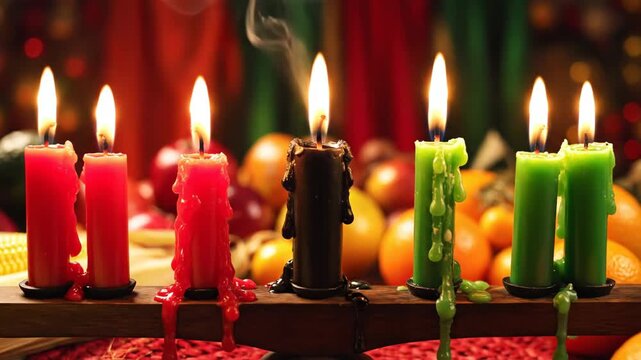 Kwanzaa Candles Burning Brightly - A close-up shot of a Kinara holding seven Kwanzaa candles, lit with bright flames and colorful wax dripping down, set against a vibrant background of fruits and