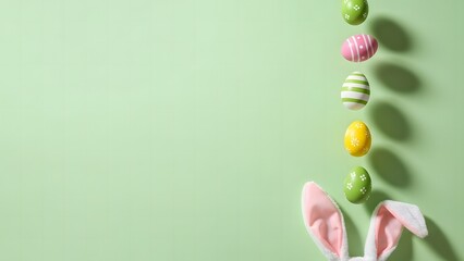 Colorful easter eggs falling in a playful arrangement against a soft green background