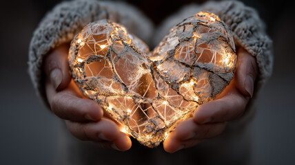 Hands gently hold a glowing cracked heart made of glass and lights, symbolizing healing, warmth, and fragile beauty in a soft, intimate moment.