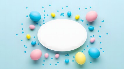 Colorful easter eggs arranged around a blank white circle on a pastel blue background