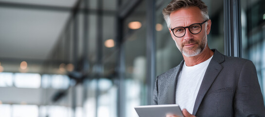 portrait of middle aged businessman using digital tablet while standing in modern office building with glass windows.