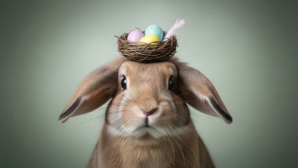 A whimsical easter bunny figurine with a nest of colorful eggs on its head