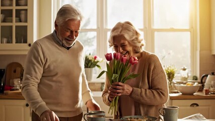 Elderly man giving a bouquet of tulips to a happy woman in a kitchen by a sunlit window with a warm smile for Mothers Day.