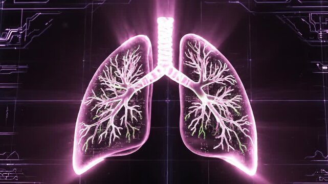 Illuminated Lungs Digital Visualization - An illustrative video showing a pair of human lungs with detailed branching structures, displayed in a digital, futuristic style with glowing magenta hues.