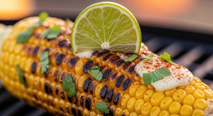 Close up of grilled corn with lime slice and creamy sauce on the grill