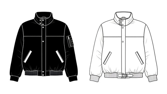 Black and white technical drawing of a bomber jacket, fashion flat sketch for apparel design isolated on transparent background