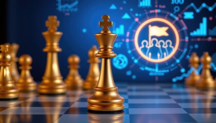 Golden chess piece in focus with digital strategy concepts and analytics background for business and gaming themes