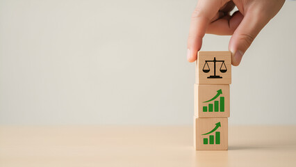 Legal and Growth Insights: Stacked Blocks with Scales Icon and Growth Tags
