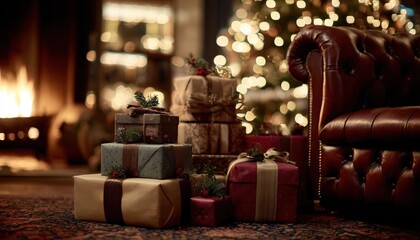 Stacked holiday packages rest beside a leather armchair near a cozy, glowing fireplace and decorated tree
