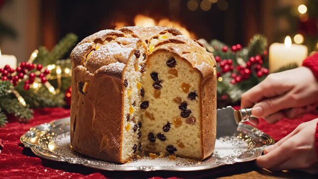 Sliced Panettone Ready To Serve - A sliced Italian Panettone is shown on a silver plate, ready to be served for dessert.