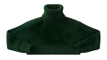 Dark green ribbed knit cropped turtleneck sweater for women isolated on transparent background