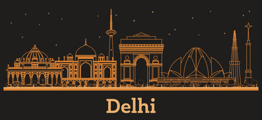 Outline Delhi India City Skyline with orange Buildings. Illustration. Business Travel and Tourism Concept with Modern Architecture. Delhi Cityscape with Landmarks.