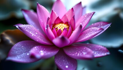 Bright pink flower with water droplets blooming in a garden during the Christmas season near a pond surrounded by lush green leaves Generative AI