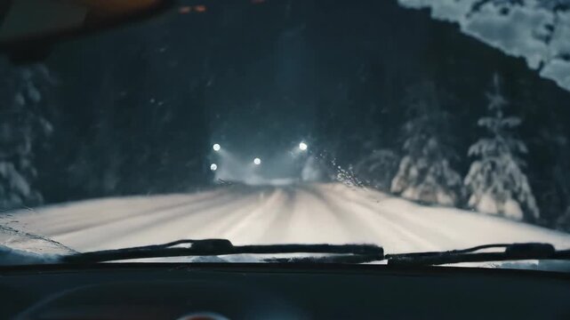 Driving a car in a blizzard on a snowy road at night through a winter forest. Dangerous weather conditions for travel.