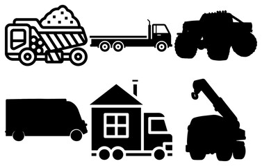 Collection of diverse truck silhouettes including dump, flatbed, and monster trucks © Rabeya