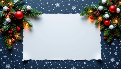 Festive Blank Card Surrounded by Christmas Decorations on a Dark Background with Snowflakes and Ornaments