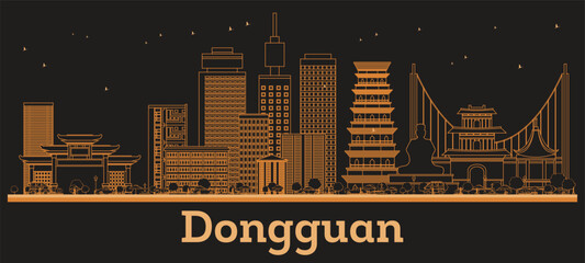 Outline Dongguan China City Skyline with orange Buildings. Illustration. Business Travel and Tourism Concept with Modern Architecture. Dongguan Cityscape with Landmarks.