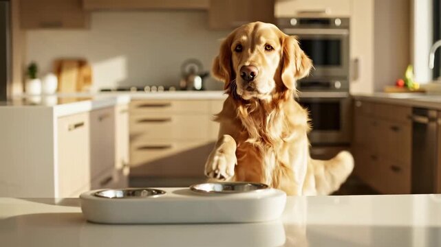 Golden retriever dog in kitchen requesting food with paw on empty bowl for pet feeding concept