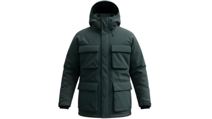 Dark green insulated winter parka jacket with hood for men, outdoor apparel isolated on transparent background