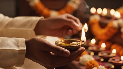 Close-up of hands lighting a diya during a Hindu religious ceremony.