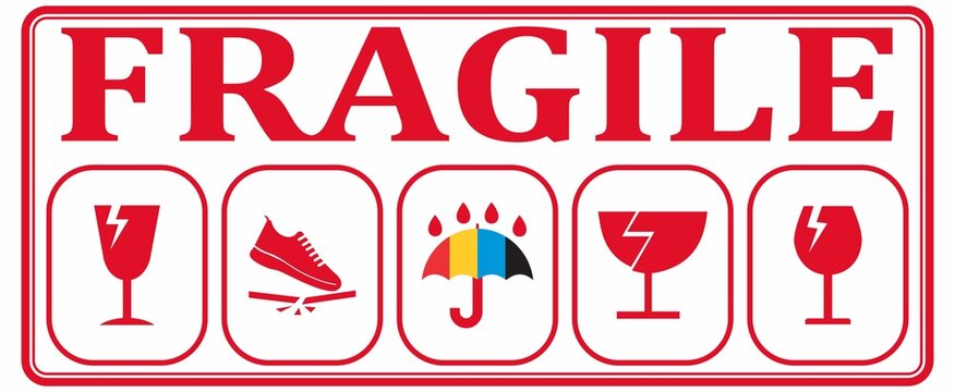 Fragile. Handle with care. Keep away from water. This side up. Packaging symbols. Vector icon set