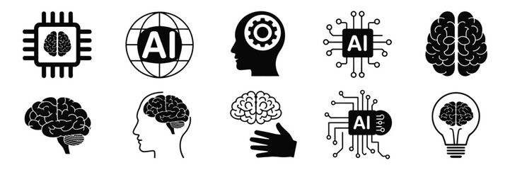 Artificial Intelligence Icon Set with Brain, Robot Head, Machine Learning and Technology Symbols – Vector Illustration Collection
